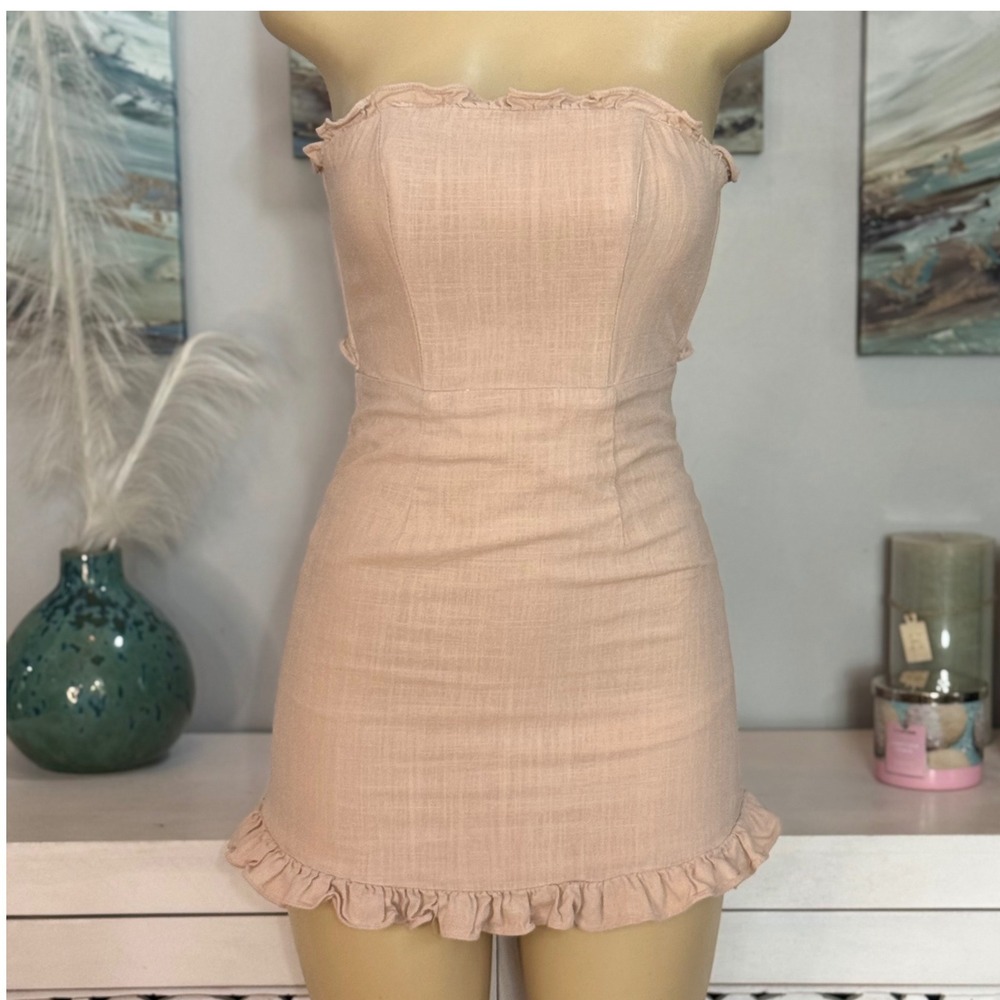 Selfie Leslie Blush Pink Strapless Tie Back Ruffle Mini Dress Size S